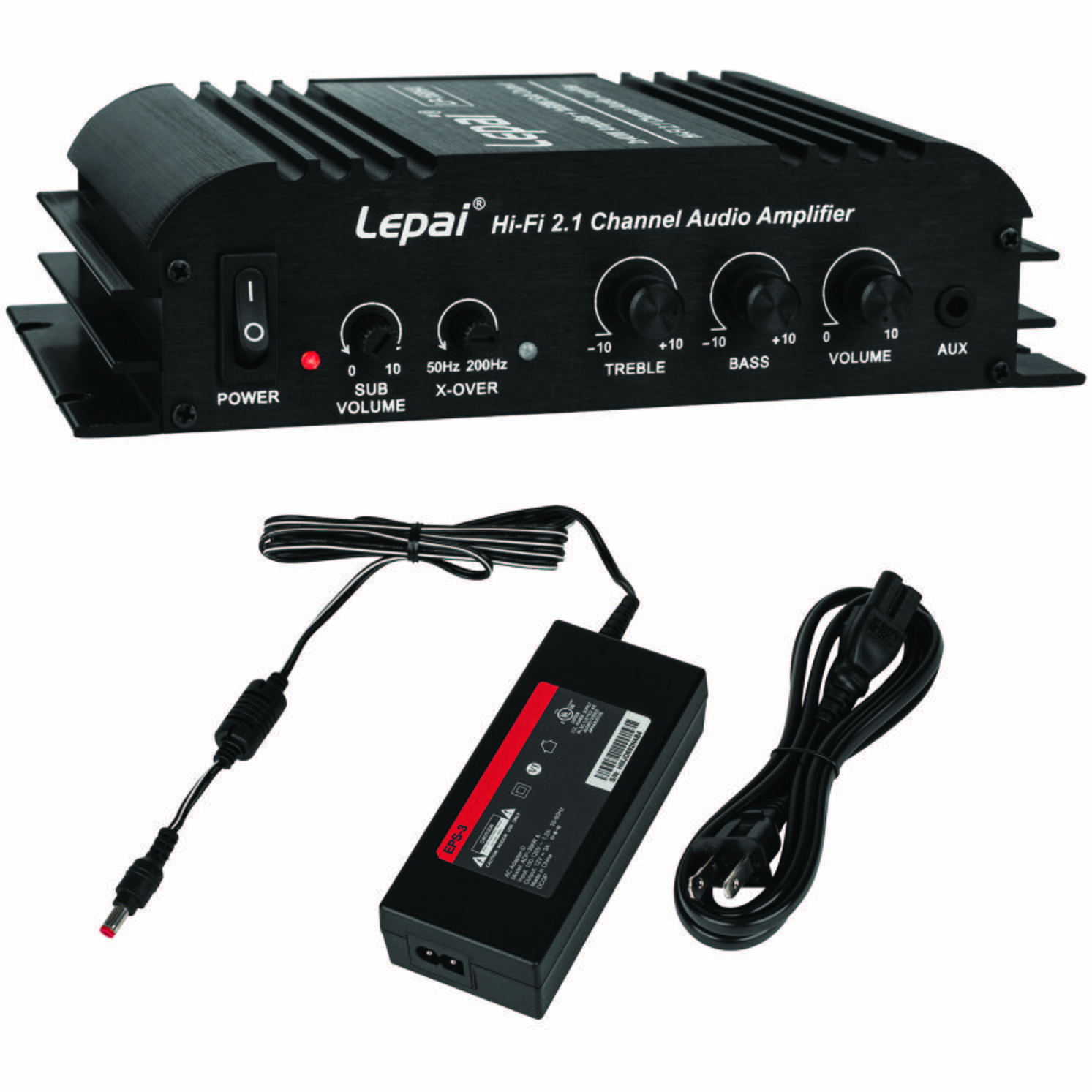 Lepai LP-168HA 2.1 2x40W Mini Amplifier 1x68W Sub 12 VDC 120 VAC Power Supply
