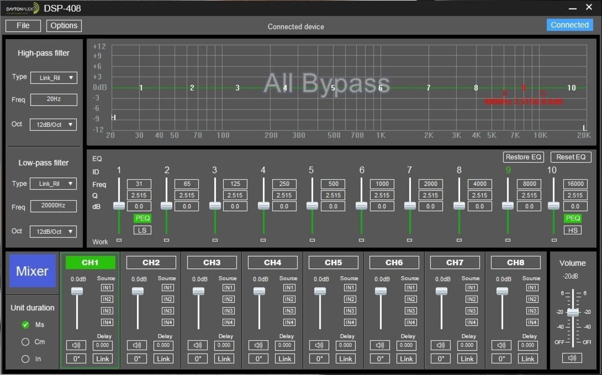 Window GUI DSP software showing some more advanced settings