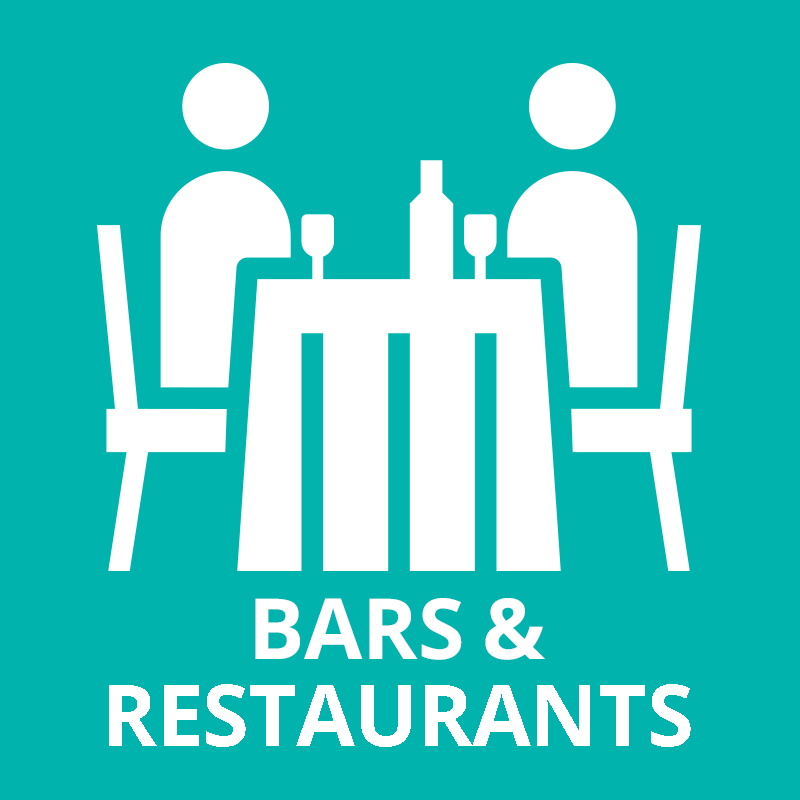 Icon of two people at a nice dinner labelled Bars and Restaurants