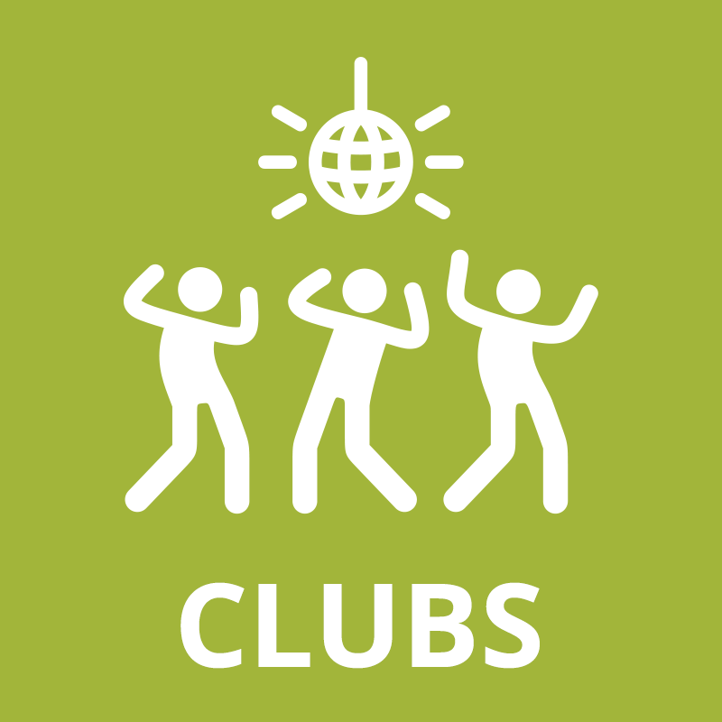 Icon of people dancing labelled Clubs