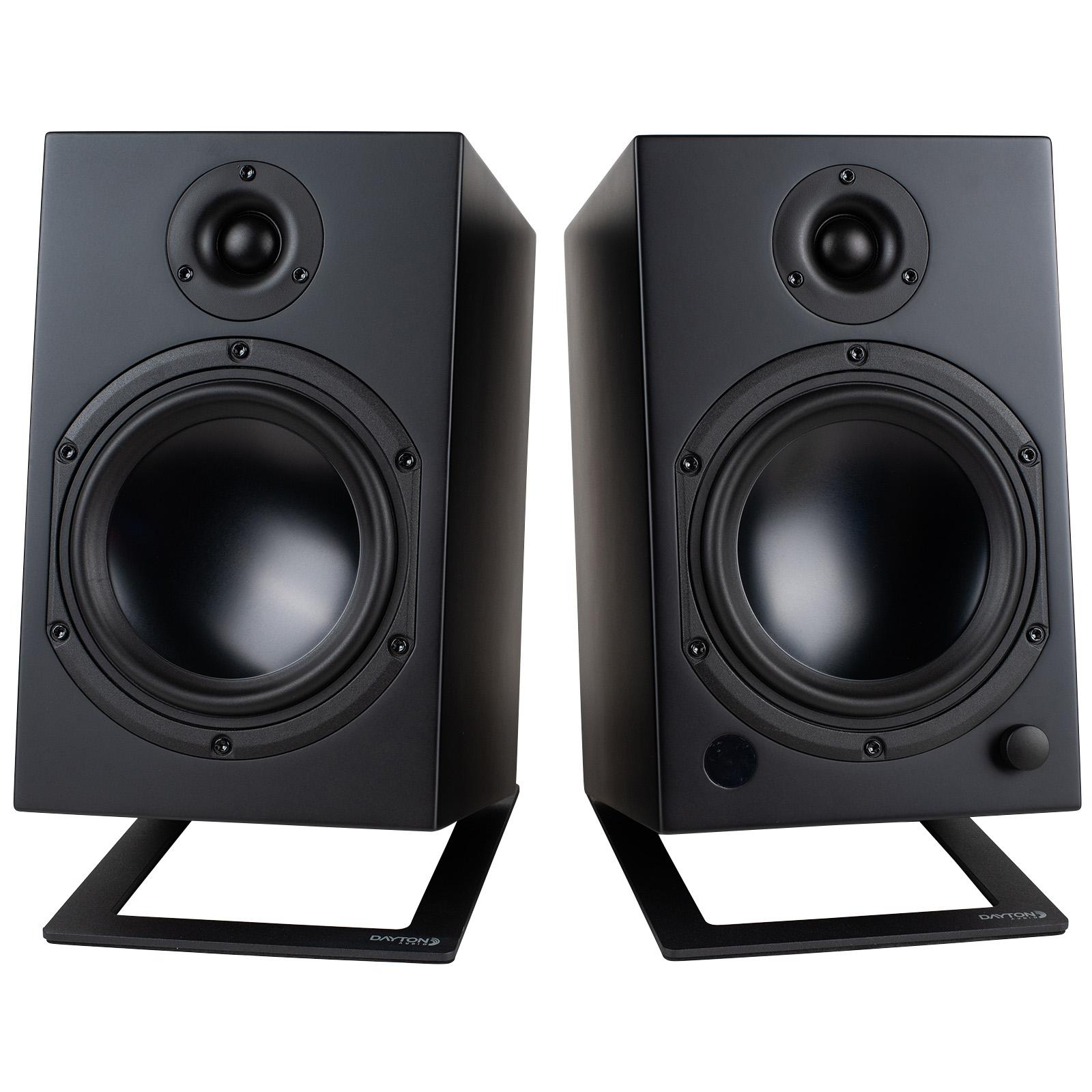 View of two M6 speakers on stands