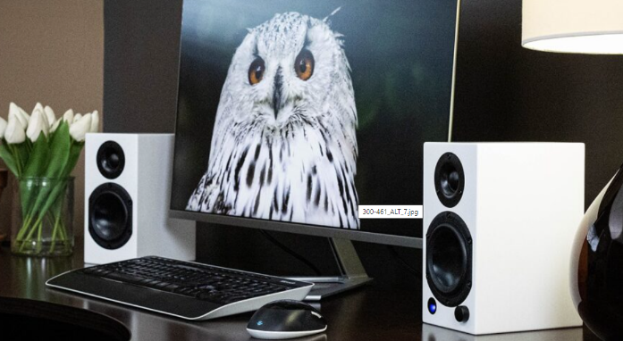 Lifestyle image of the M-Series white speaker next to a computer monitor
