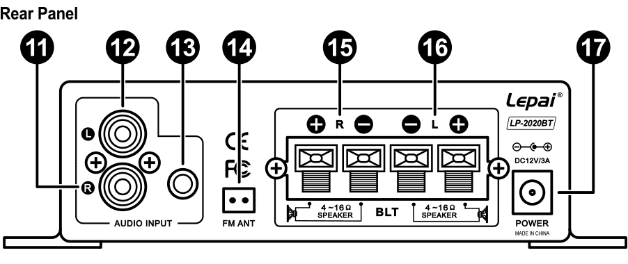 Lepai 310-3020 Rear Panel diagram with numbered callouts for connections.