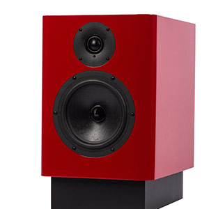 Speaker pair in a sharp red and black style, a design seen in the Speaker Design Competition.