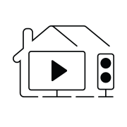 Icon of the outline of a house containing a large TV and speakers.